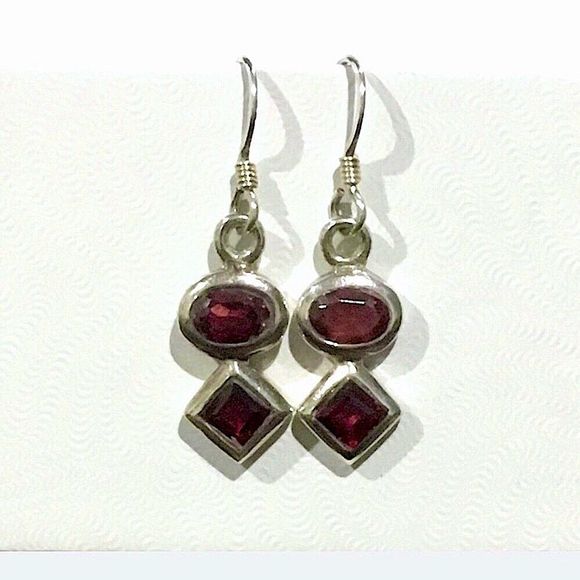 Vintage Red Garnet Sterling Silver Drop Earrings - Picture 1 of 4